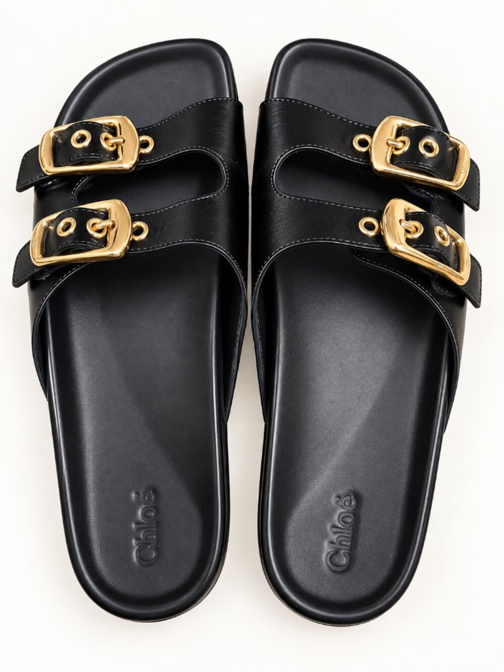 Chloé Black Leather Double Buckle Slide Sandals
